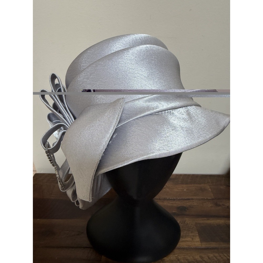 HI's Silver Gray Church Hat Rhinestone Bow Wedding Kentucky Derby Mother Bride - Picture 3 of 16
